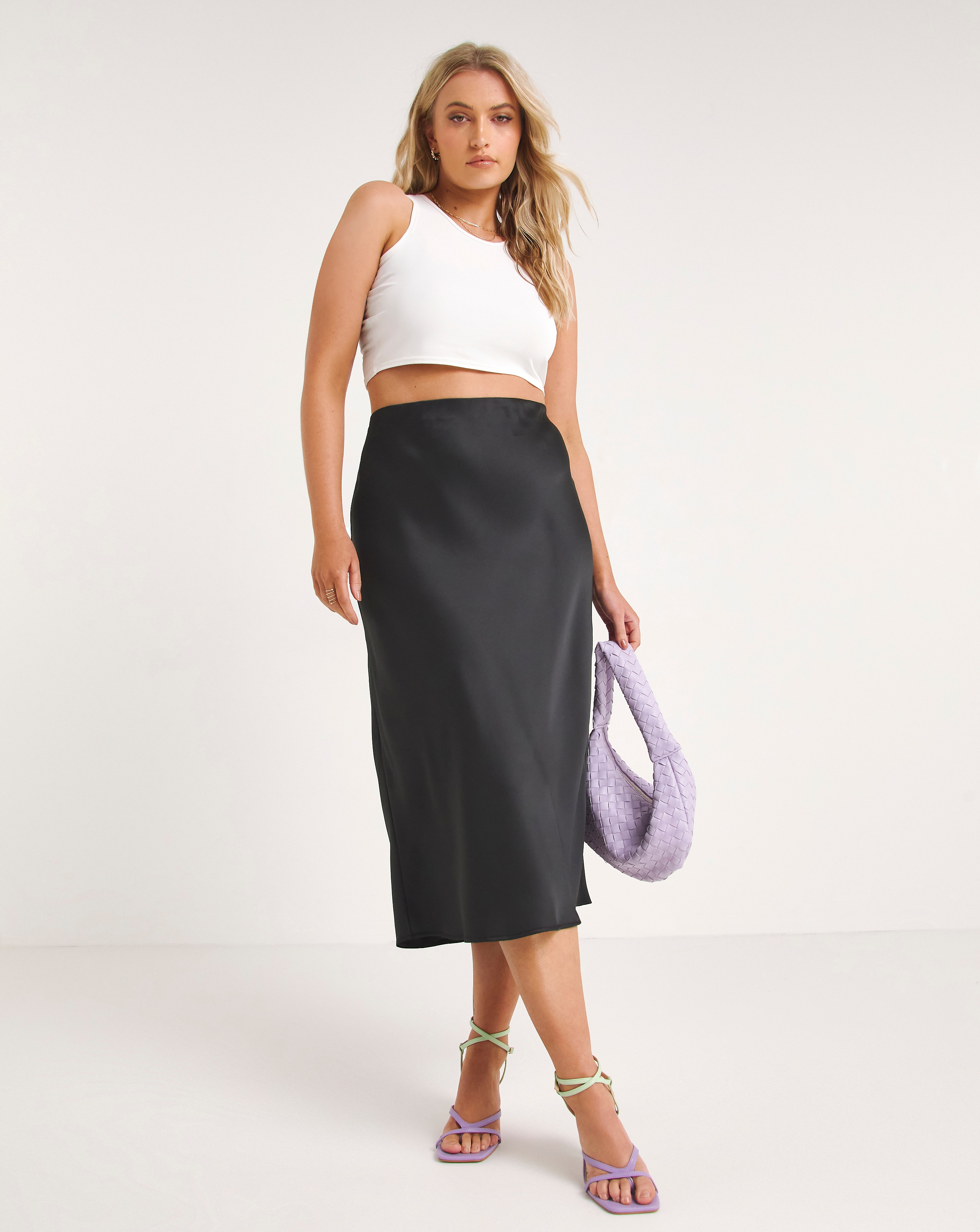 Black Elasticated Waist Satin Midi Skirt