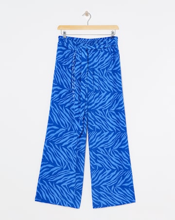 Blue Zebra Print Crinkle Tie Waist Wide Leg Trouser