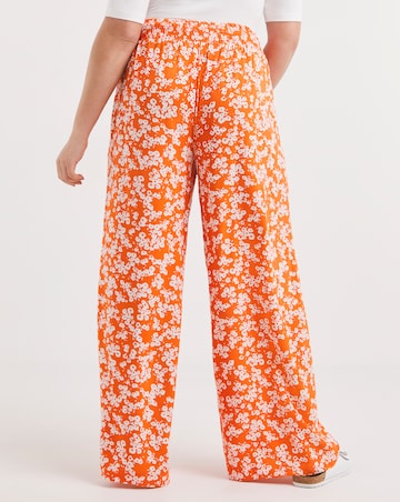 Orange Floral Print Lightweight Woven Shirred Waist Wide Leg Trouser