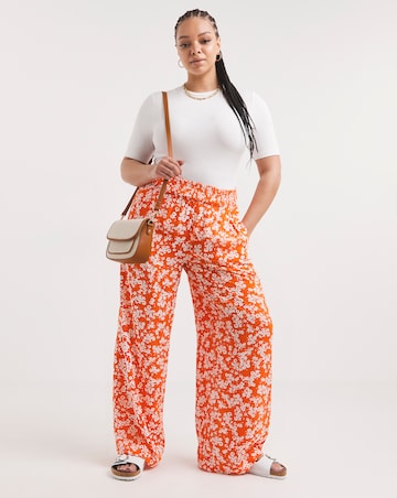 Orange Floral Print Lightweight Woven Shirred Waist Wide Leg Trouser