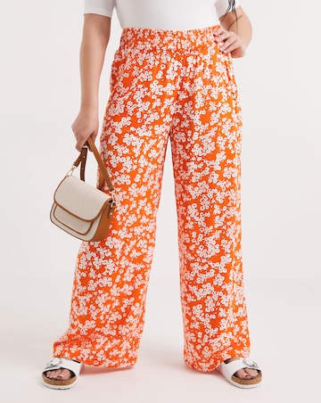 Orange Floral Print Lightweight Woven Shirred Waist Wide Leg Trouser
