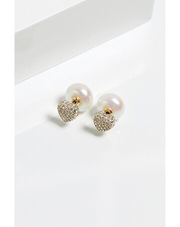 Mood Gold Cream Pearl And Crystal Heart Stud Earrings