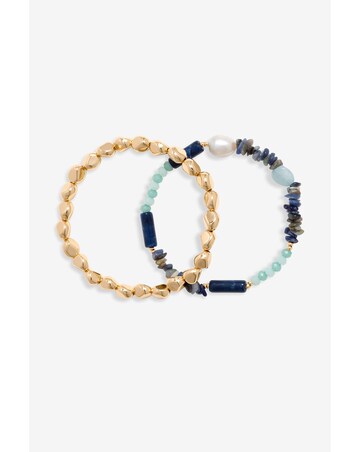 Mood Gold Blue Bead And Molten Disc Layered Bracelets - Pack Of 3