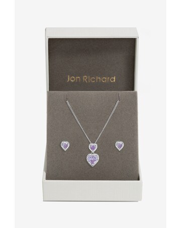 Jon Richard Rhodium Plated CZ Lavender Halo Double Heart Set - Gift Boxed