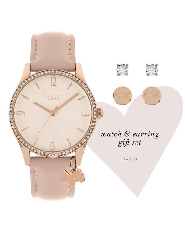 Radley Pink Leather Strap & Earrings Set