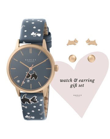 Radley Ladies Blue Print Strap Watch & 18ct Rose Gold Plated Twin Earring Set