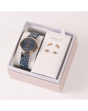 Radley Ladies Blue Print Strap Watch & 18ct Rose Gold Plated Twin Earring Set