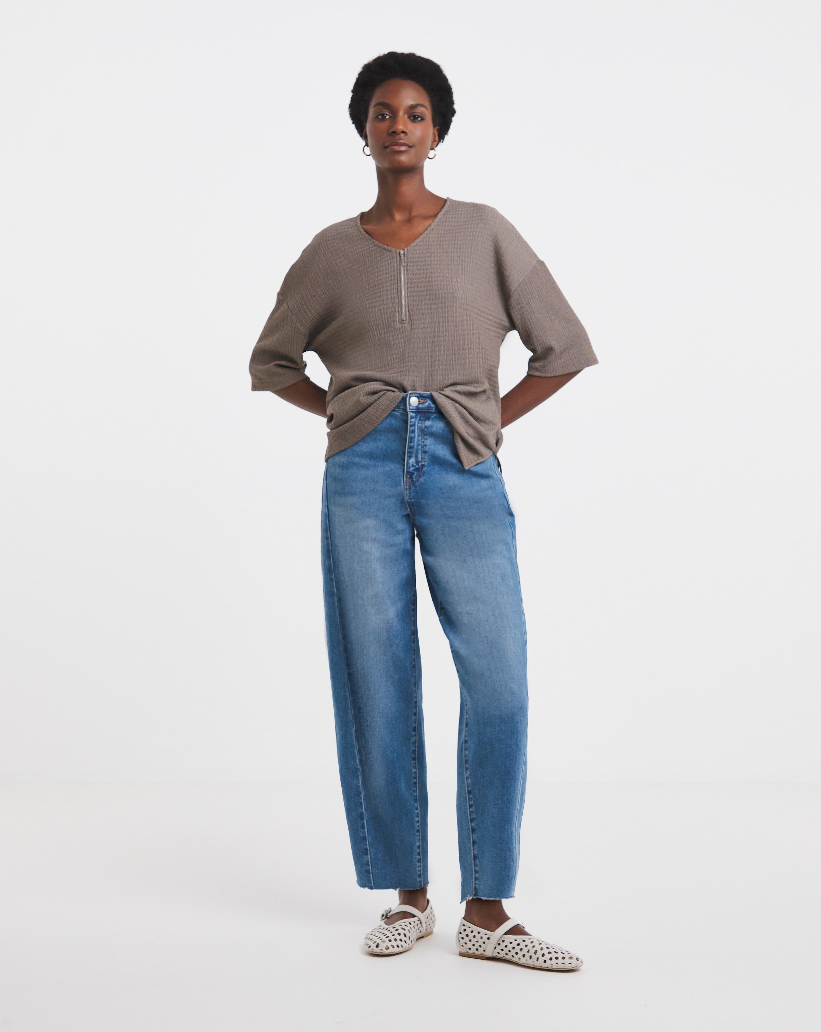 Mocha Textured V-Neck Zip Front Short Sleeve Longline Top | JD Mocha Textured V-Neck Zip Front Short Sleeve Longline Top | JD