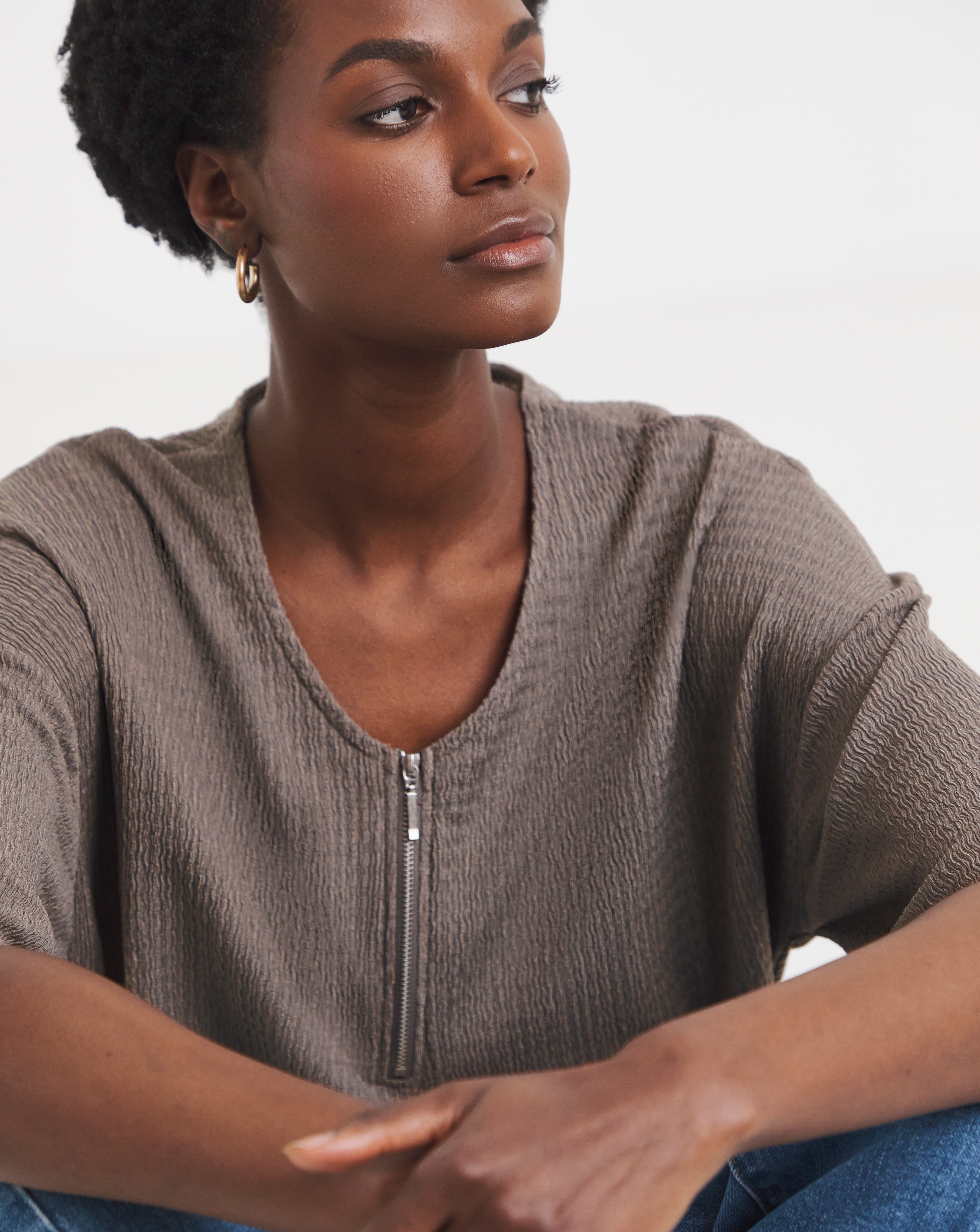 New In - Textured V-Neck Zip Front SS