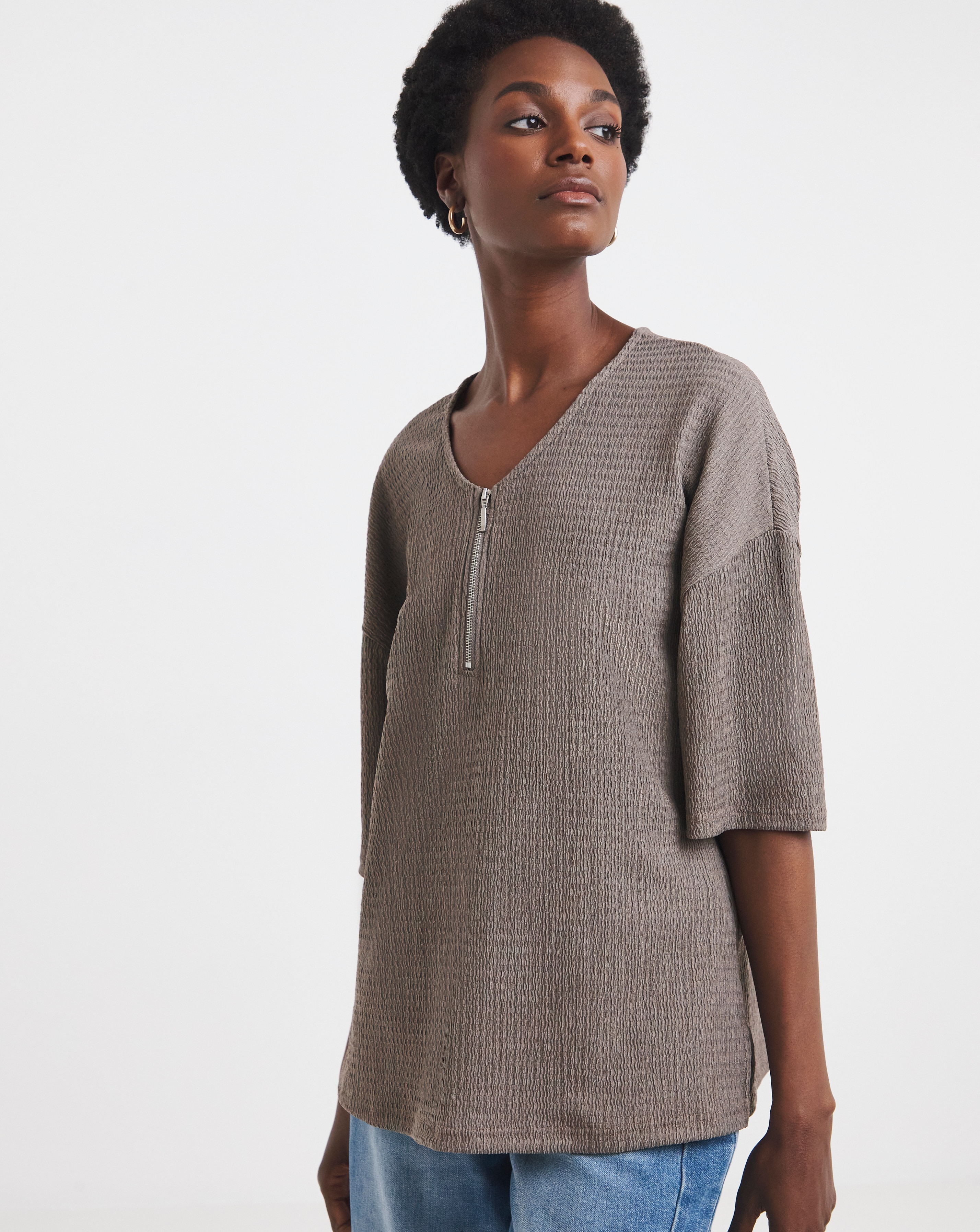 Mocha Textured V-Neck Zip Front Short Sleeve Longline Top | JD Mocha Textured V-Neck Zip Front Short Sleeve Longline Top | JD