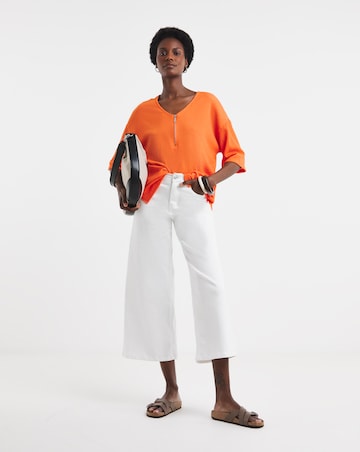 Orange Textured V-Neck Zip Front Short Sleeve Longline Top