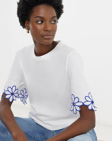 Embroidered Flower Sleeve Longline T-Shirt