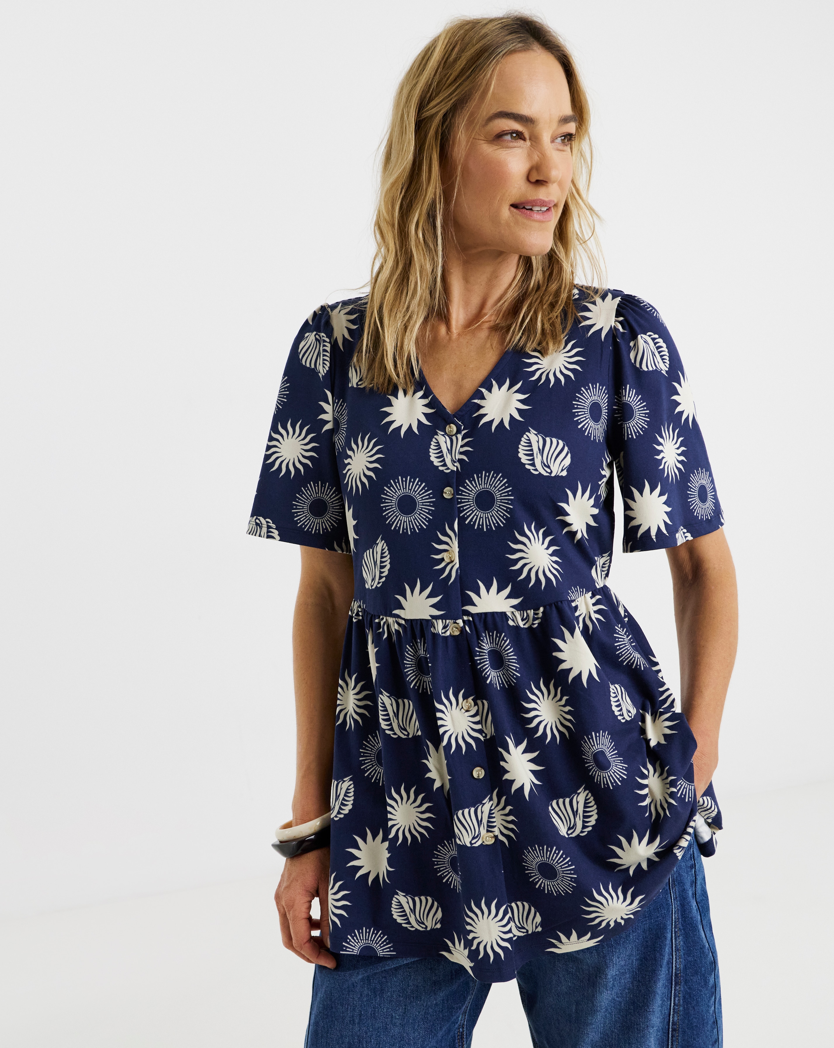 Button Front Angel Sleeve Top Longline