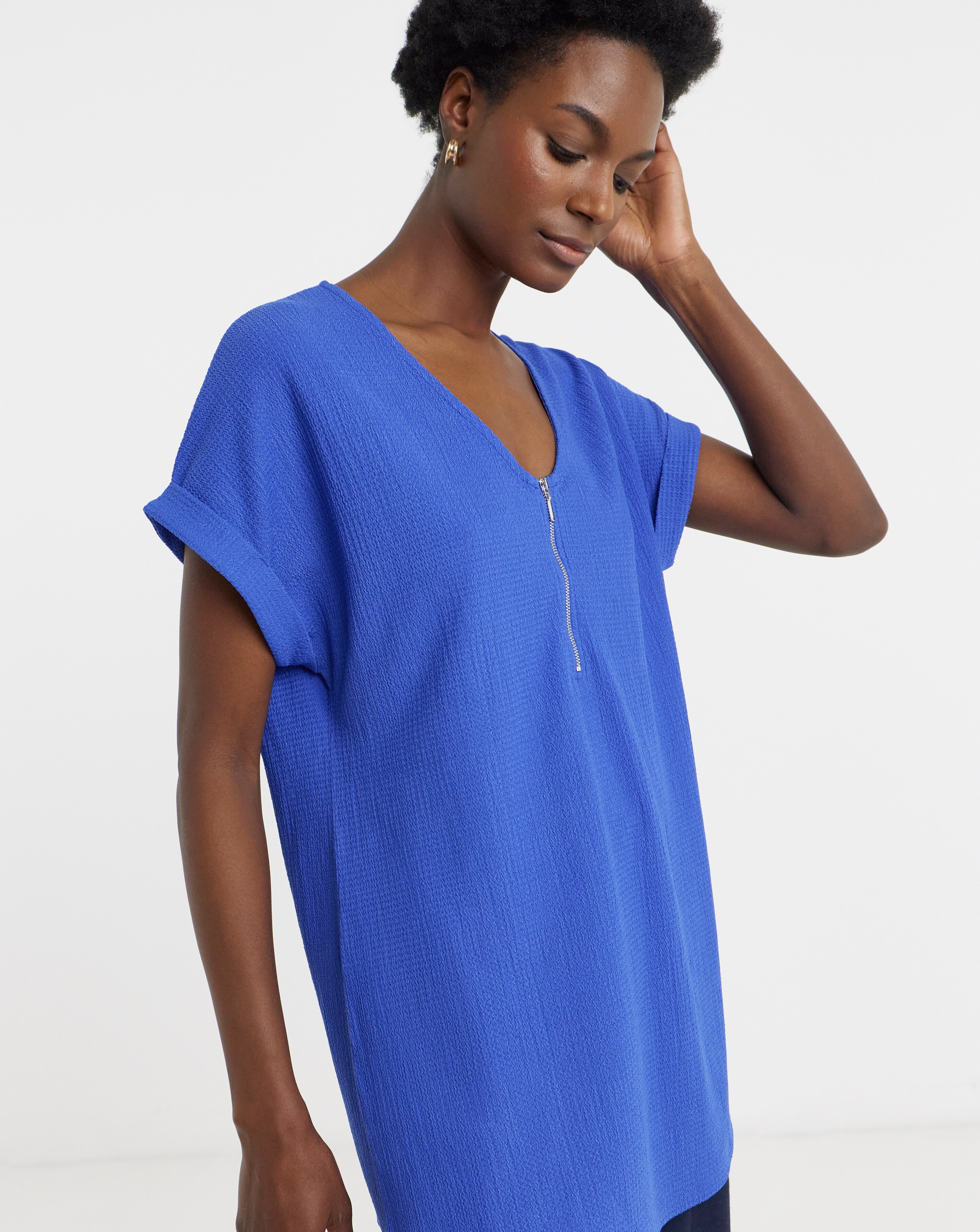 Textured V-Neck Zip Front Longline Top