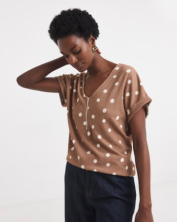 Textured V-Neck Zip Front Longline Top