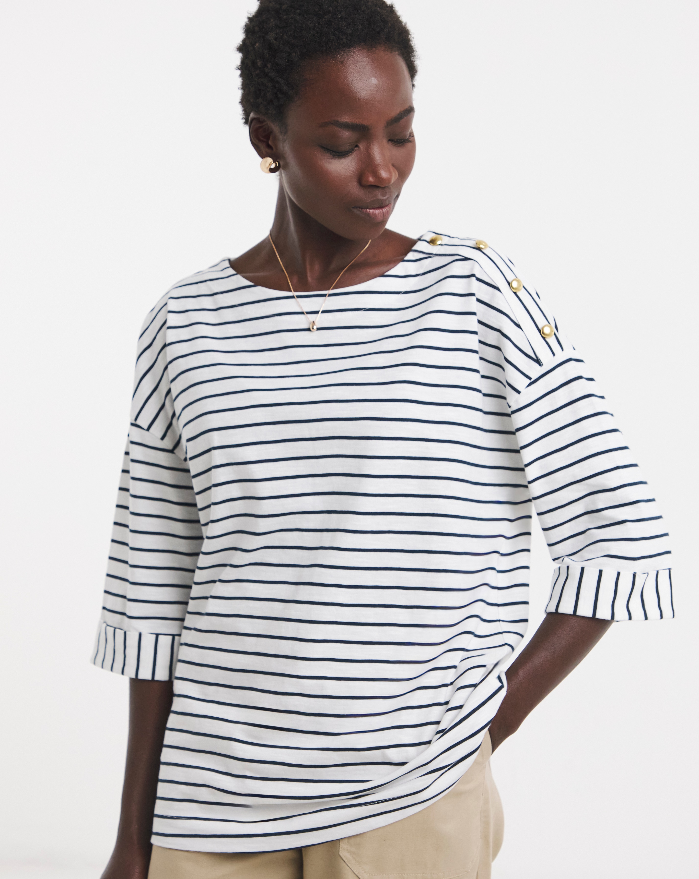 New In - Stripe Button Shoulder Longline Top