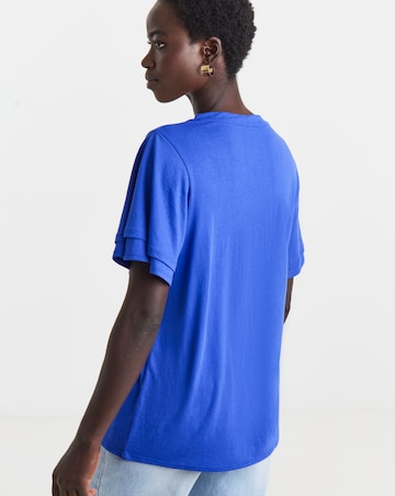 Blue Double Angel Sleeve V Neck Top