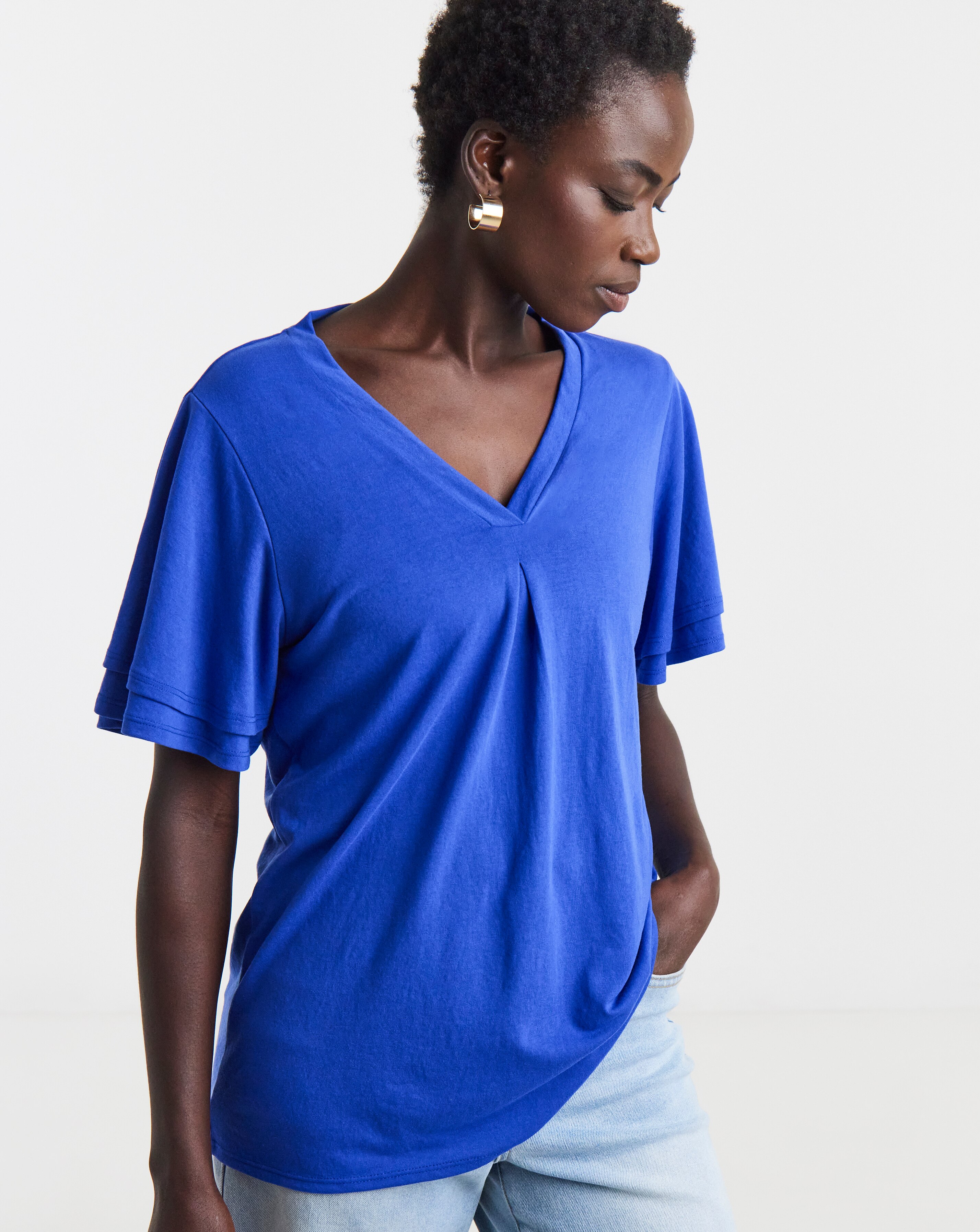 New In - Blue Double Angel Sleeve V Neck Top