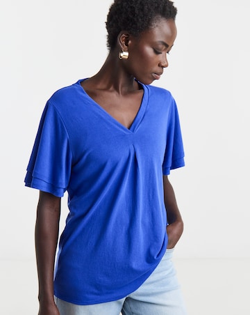 Blue Double Angel Sleeve V Neck Top