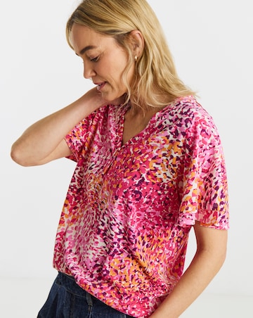 Pink Printed Double Angel Sleeve V Neck Top
