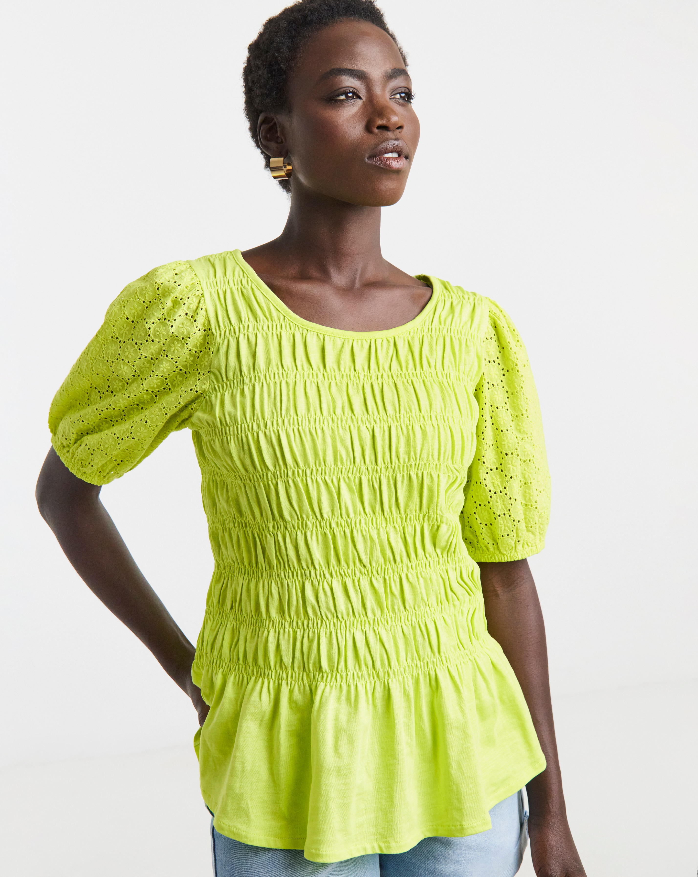New In - Ruched Broderie Sleeve Top