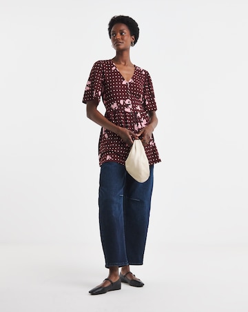 Floral Spot Print Angel Sleeve V Neck Button Through Longline Top