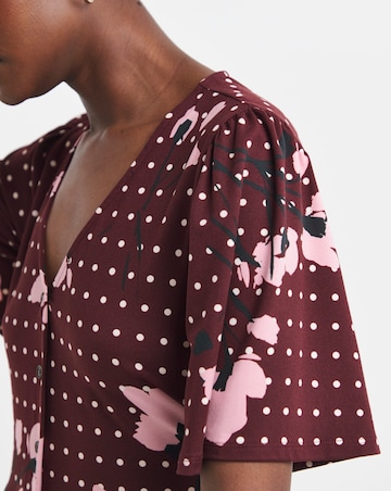 Floral Spot Print Angel Sleeve V Neck Button Through Longline Top