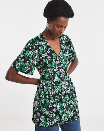 Floral Print Angel Sleeve V Neck Button Through Longline Top