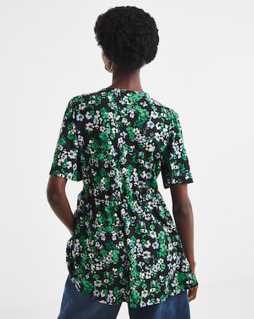 Floral Print Angel Sleeve V Neck Button Through Longline Top