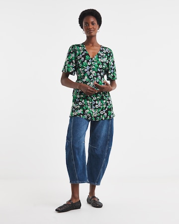Floral Print Angel Sleeve V Neck Button Through Longline Top