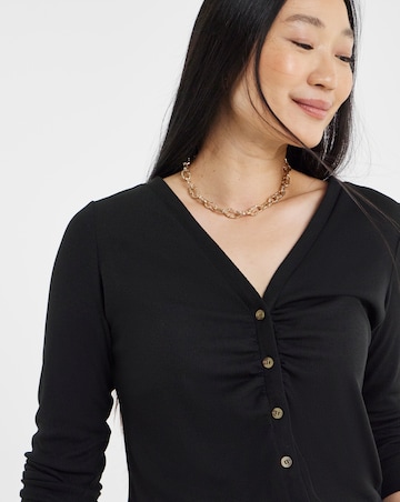 Black Long Sleeve Ribbed Ruched Front Cardigan