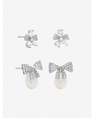 Jon Richard Rhodium Plated Pearl and Pave Bow Earrings - Pack of 2