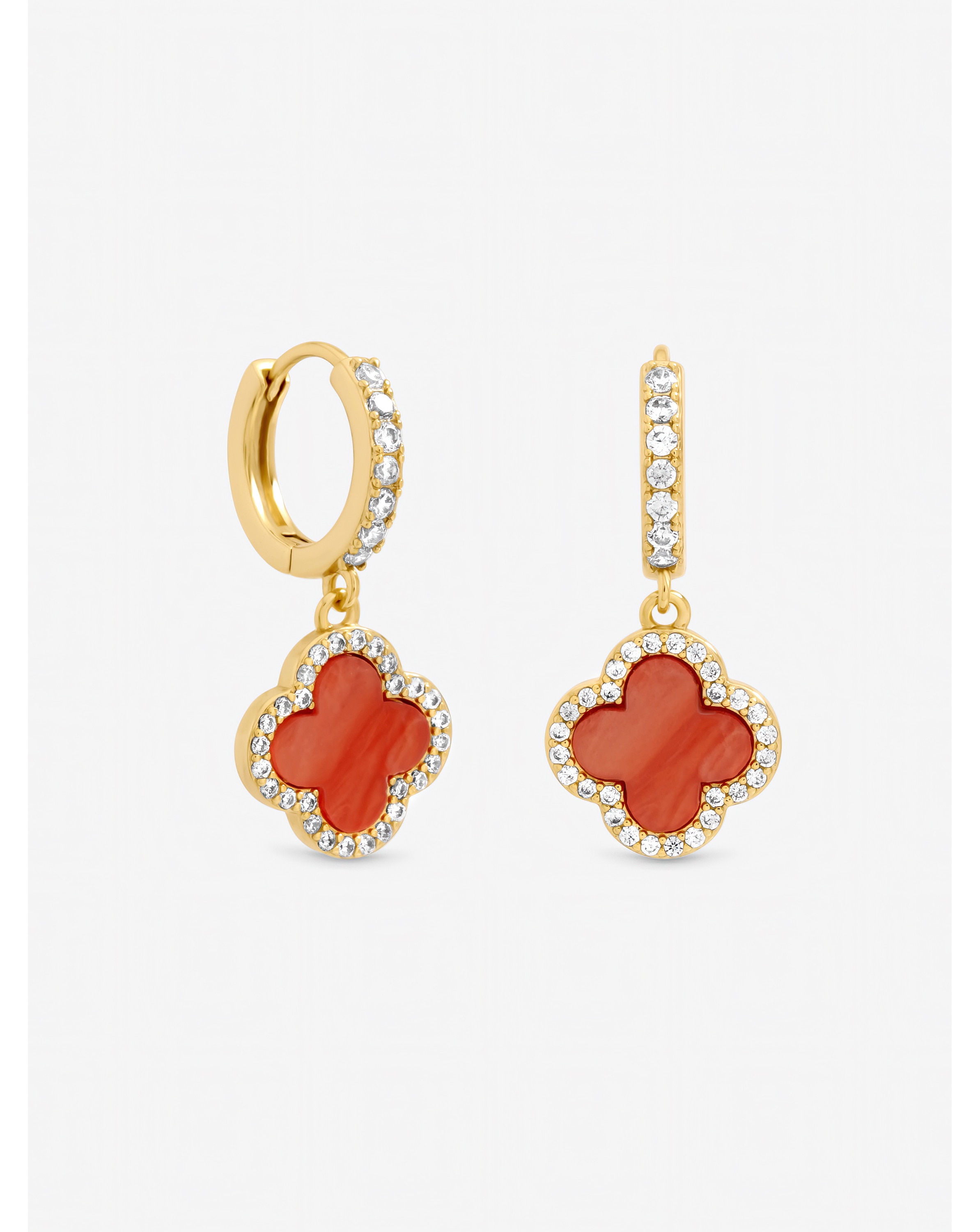 New In - Gold Plated Coral Clover Huggie Earrings