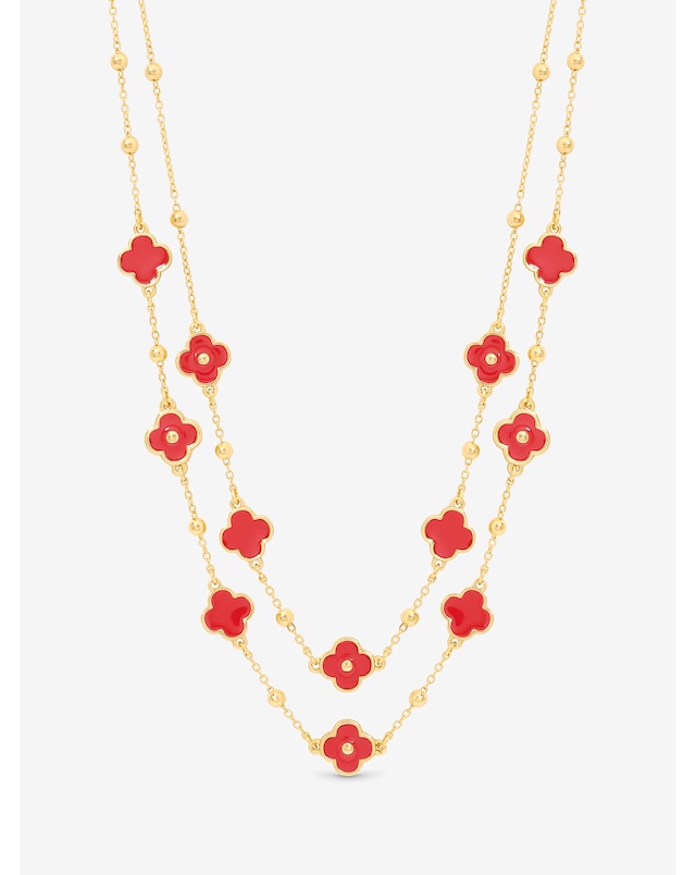 Mood Gold Plated and Coral Clover Double Row Necklace