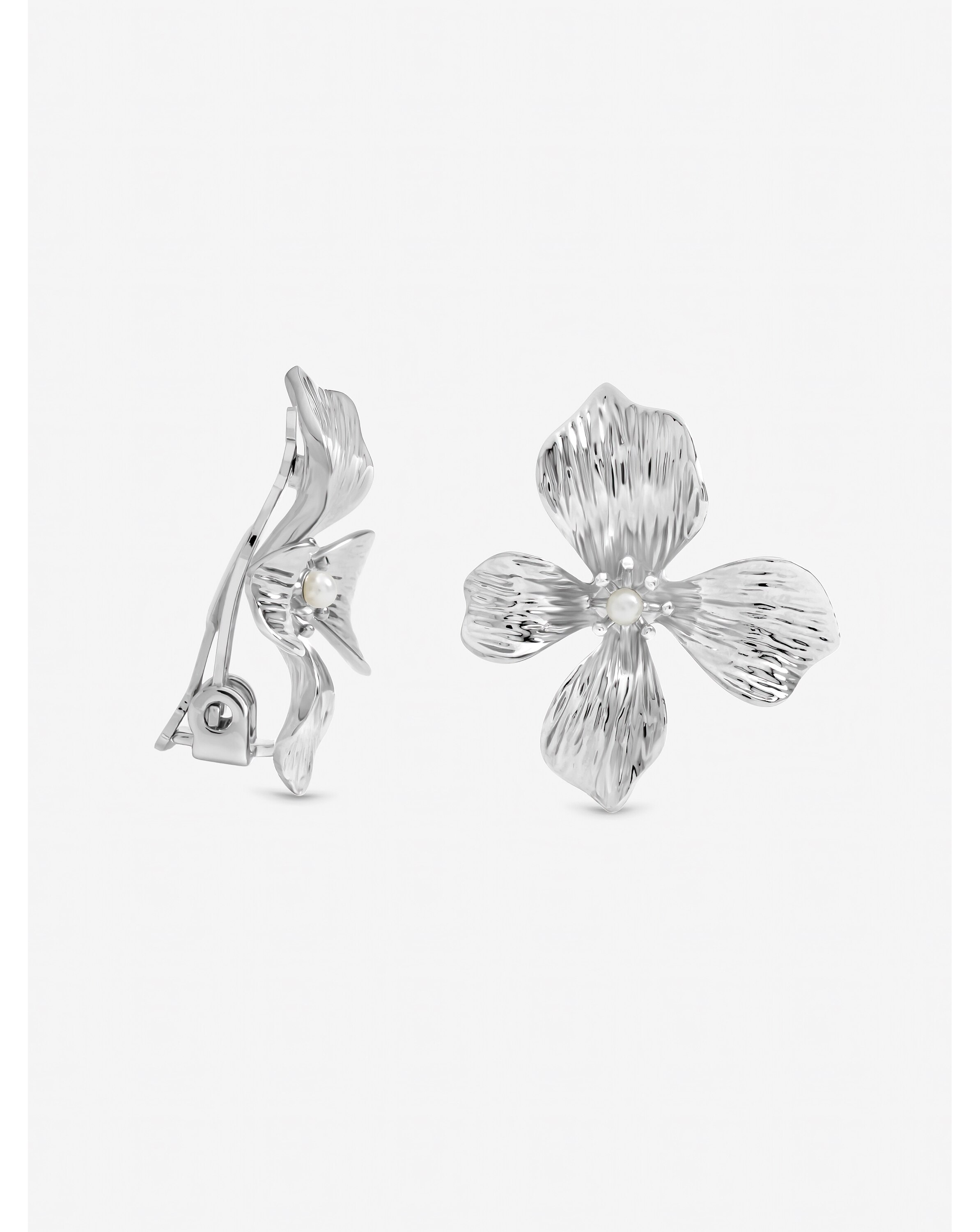 New In - Silver Pearl Flower Clip Earrings