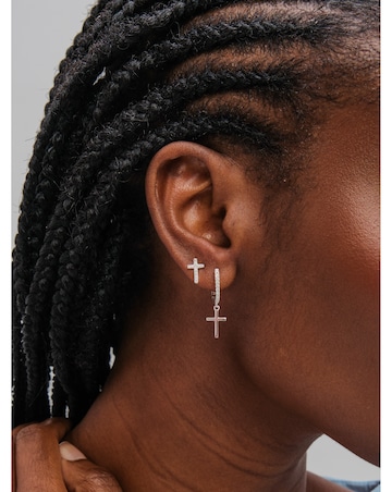 Inicio Sterling Silver Plated Cross Hoop and Stud Earrings - Pack of 2