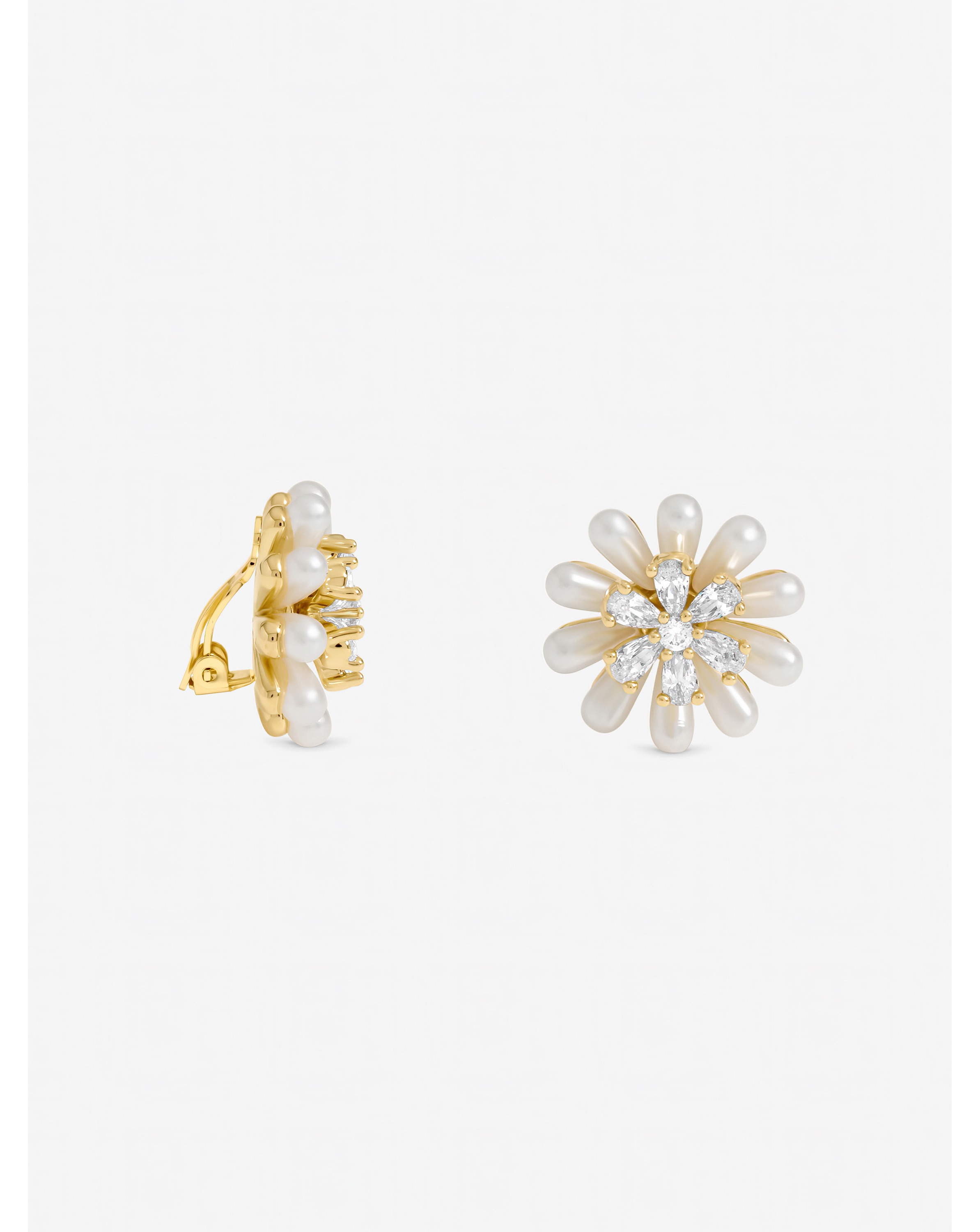 New In - Pearl Crystal Flower Clip Earrings