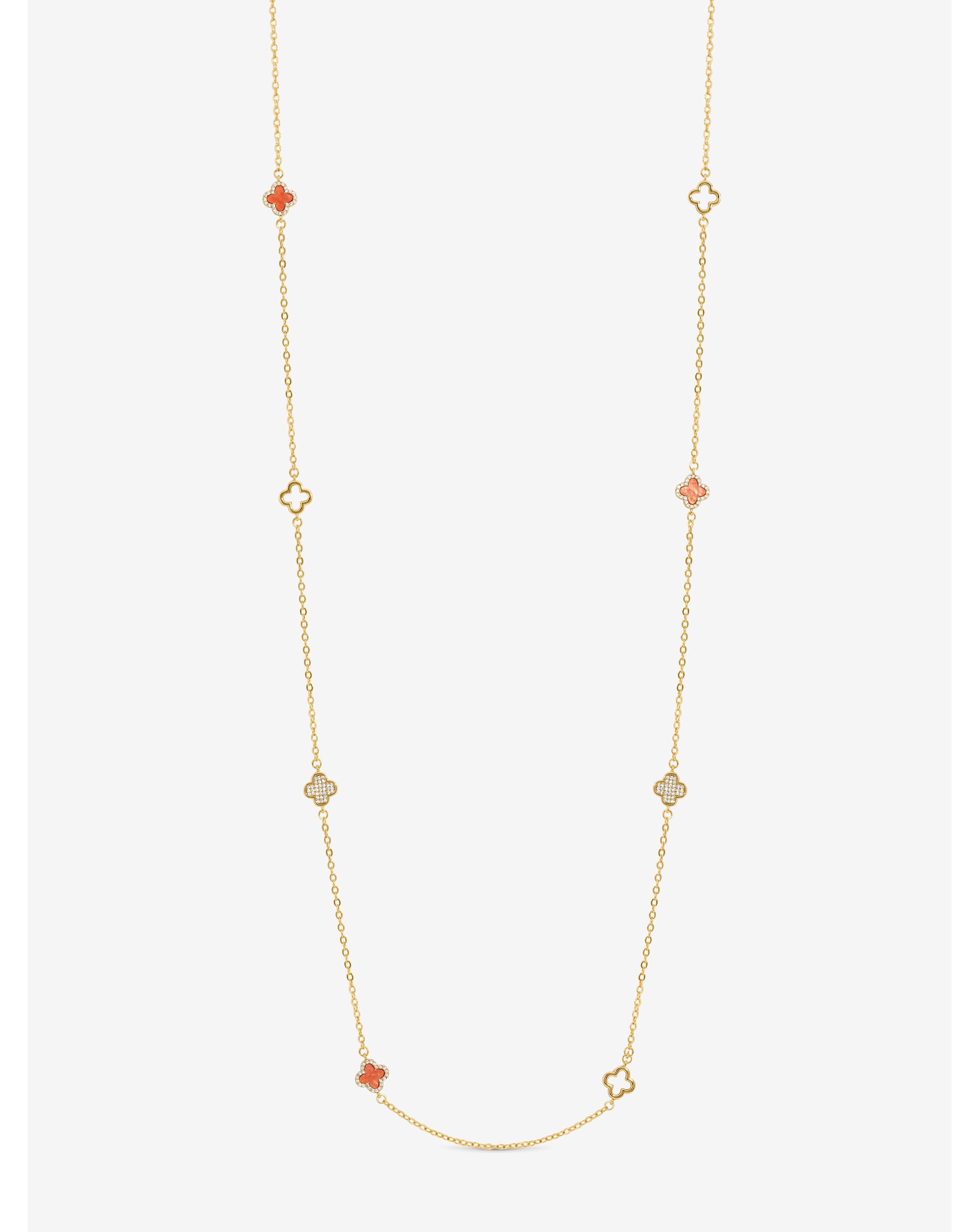 New In - Gold Plated Coral Long Clover Necklace
