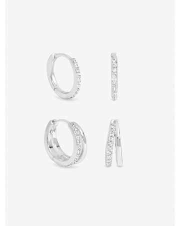 Inicio Sterling Silver Plated Polished And Pave Hoops - Pack of 2