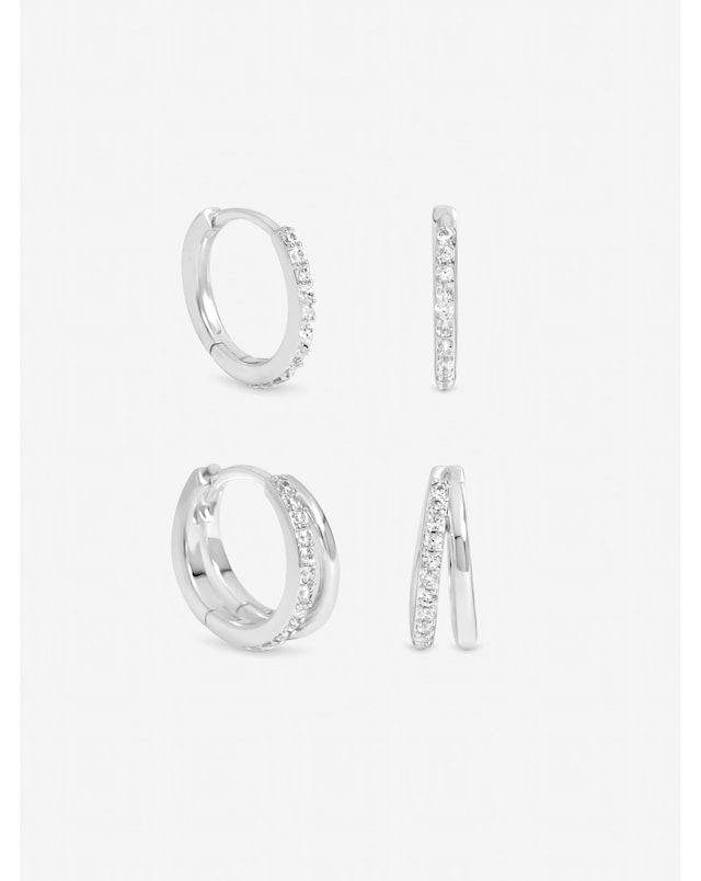 Inicio Sterling Silver Plated Polished And Pave Hoops - Pack of 2