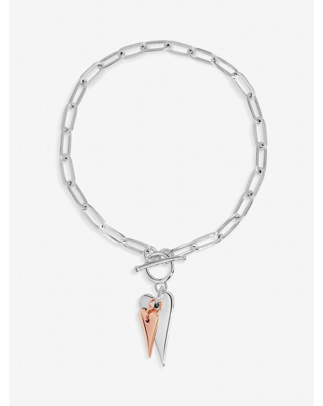 Inicio Sterling Silver Plated Two Tone T-Bar Heart Bracelet - Gift Pouch