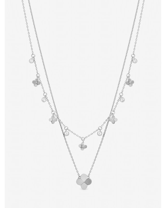 Inicio Sterling Silver Plated Double Row Bezel Clover Necklace - Gift Pouch