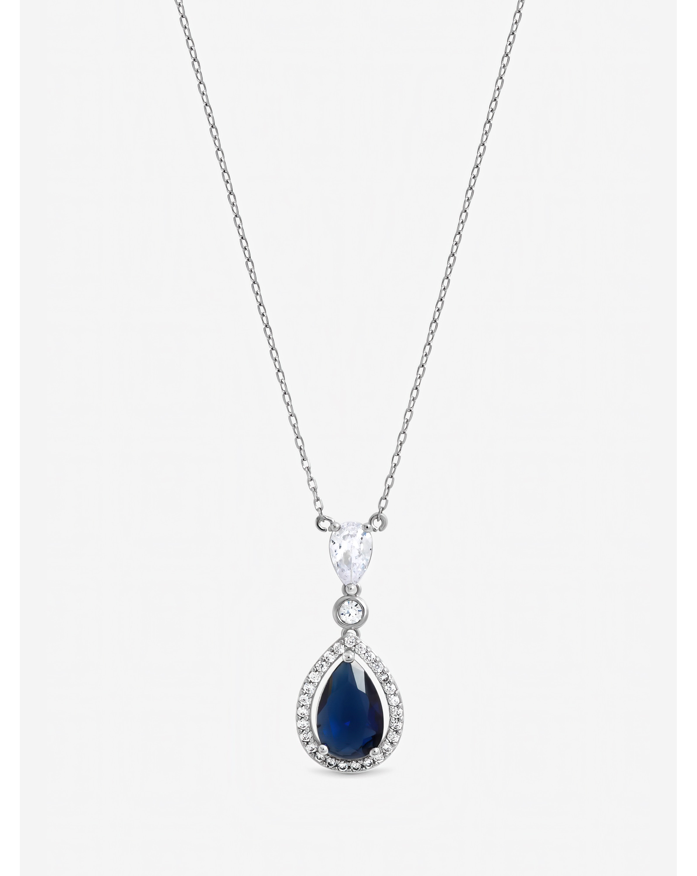 New In - Rhodium Plated Blue CZ Pendant Necklace