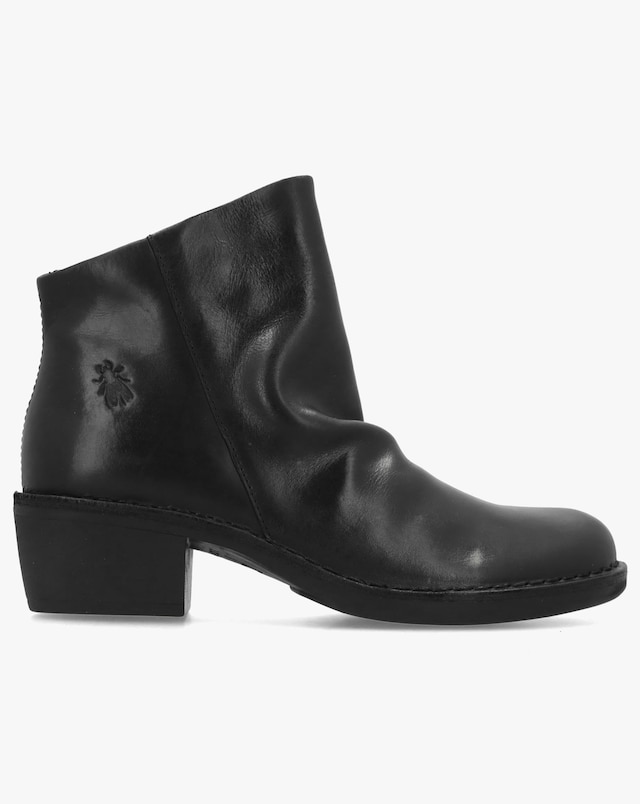 Fly London Muke Black Leather Ruched Ankle Boots Standard Fit