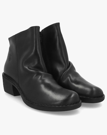 Fly London Muke Black Leather Ruched Ankle Boots Standard Fit