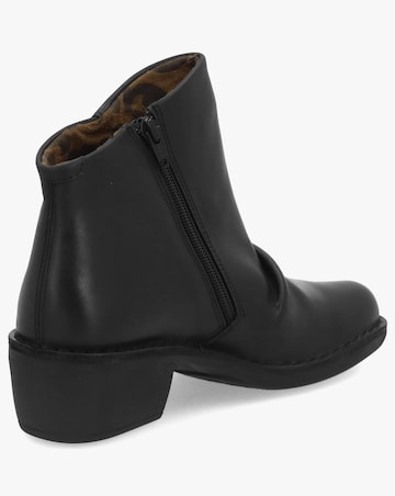 Fly London Muke Black Leather Ruched Ankle Boots Standard Fit