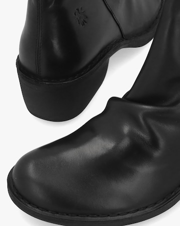 Fly London Muke Black Leather Ruched Ankle Boots Standard Fit