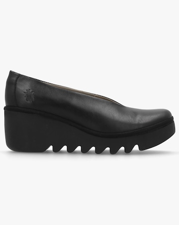 Fly London Beso Black Leather Wedge Court Shoes Standard Fit