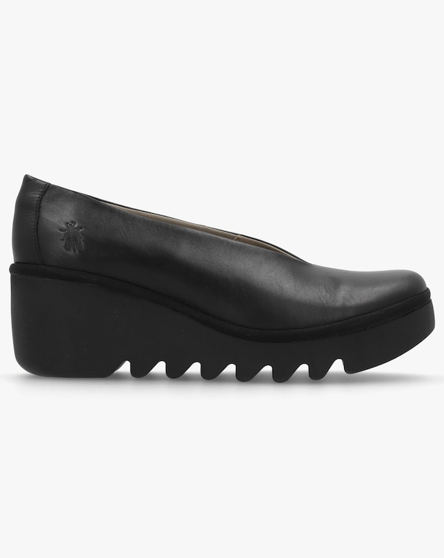 Fly London Beso Black Leather Wedge Court Shoes Standard Fit