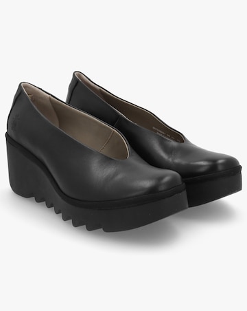 Fly London Beso Black Leather Wedge Court Shoes Standard Fit